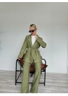 Kadın Keten Ceket Pantolon Takım Haki