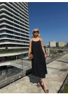 Kadın Kırışık Desenli Askılı Elbise Siyah