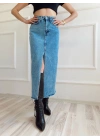 Kadın Önden Yırtmaçlı Denim Etek Buz Mavi