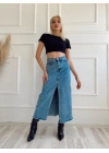 Kadın Önden Yırtmaçlı Denim Etek Buz Mavi