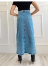 Kadın Önden Yırtmaçlı Denim Etek Buz Mavi