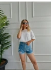 Kadın Önü Yırtıklı Mini Kot Şort