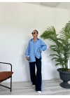 Kadın Oversize Çizgili Gömlek Mavi