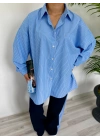 Kadın Oversize Çizgili Gömlek Mavi