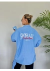 Kadın Oversize Çizgili Gömlek Mavi