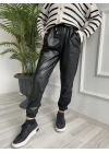 Kadın Pileli Lastikli Deri Pantolon Siyah