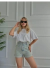 Kadın Plise Detaylı Kot Şort Buz Mavi