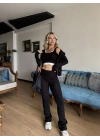 Kadın Siyah Kapüşonlu Sweat Crop Tayt Takım
