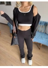 Kadın Siyah Kapüşonlu Sweat Crop Tayt Takım