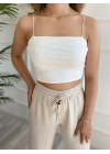 Kadın Spagetti Askılı Crop Ekru