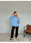 Kadın Taş Detaylı Poplin Gömlek Mavi