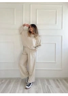 Kadın Taşlı Sweat Pantolon Takım Açık Vizon