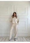 Kadın Taşlı Sweat Pantolon Takım Açık Vizon