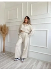 Kadın Taşlı Sweat Pantolon Takım Açık Vizon