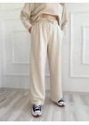 Kadın Taşlı Sweat Pantolon Takım Açık Vizon