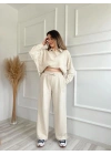 Kadın Taşlı Sweat Pantolon Takım Açık Vizon