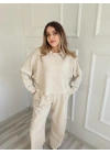 Kadın Taşlı Sweat Pantolon Takım Açık Vizon