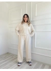 Kadın Taşlı Sweat Pantolon Takım Açık Vizon