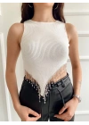 Kadın Taşlı Zincir Detaylı Triko Crop Ekru