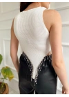 Kadın Taşlı Zincir Detaylı Triko Crop Ekru