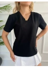 Kadın V Yaka Basic Tshirt Siyah