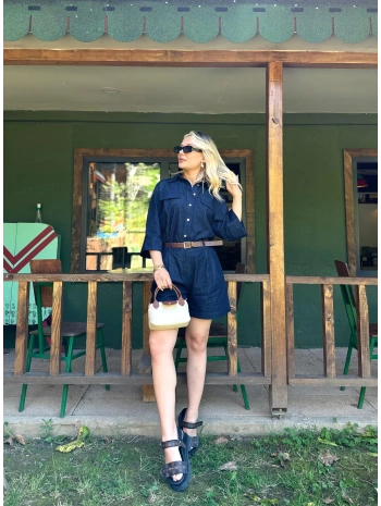 Kadın Denim Gömlek Şort Takım Lacivert