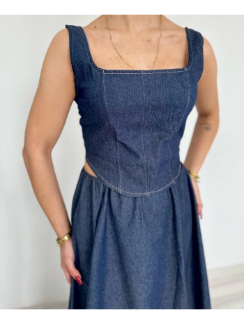 Kadın Denim Kare Yaka Bluz Mavi