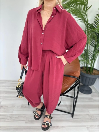 Kadın Gömlek Pantolon Takım Bordo