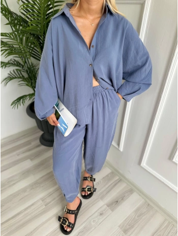Kadın Gömlek Pantolon Takım Gri Mavi