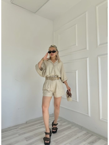 Kadın Gömlek Şort Keten Takım Taş Rengi