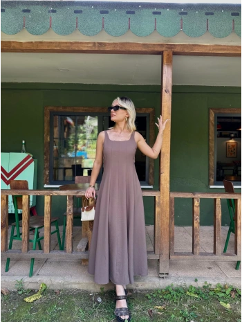 Kadın Kalın Askılı Elbise Kahverengi