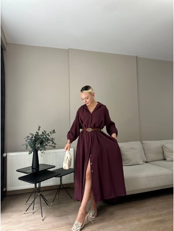 Kadın Kemer Detaylı Gömlek Elbise Bordo