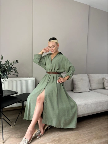 Kadın Kemer Detaylı Gömlek Elbise Çağla Yeşili