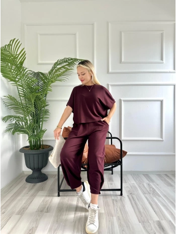Kadın Tshirt Pantolon Takım Bordo