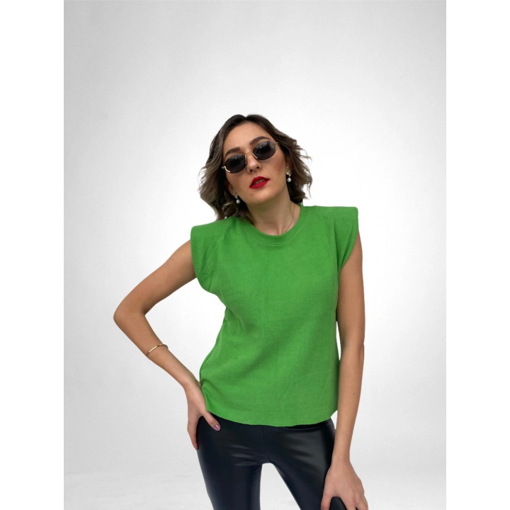 Kadın Yeşil Kolsuz Vatkalı Triko Kazak