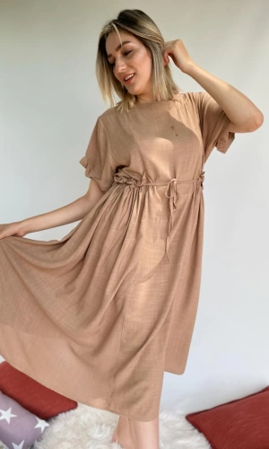 Kendinden Kemerli Keten Camel Elbise