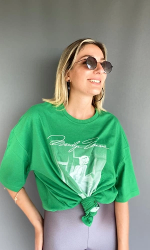 Kadın Oversize Marilyn Monroe Baskılı Yeşil Tshirt
