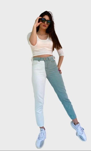 Kadın Kontrast Mom Jean Kot Pantolon Mint Beyaz