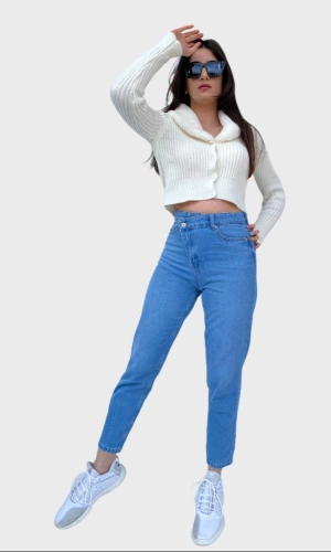 Kadın Çapraz Kapama Mom Jean Mavi Kot Pantolon