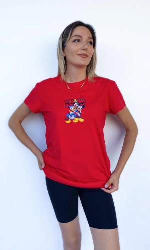 Kadın Mickey Baskılı Basic Kırmızı Tshirt