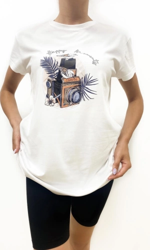 Kadın Kuş Baskılı Basic Beyaz Tshirt