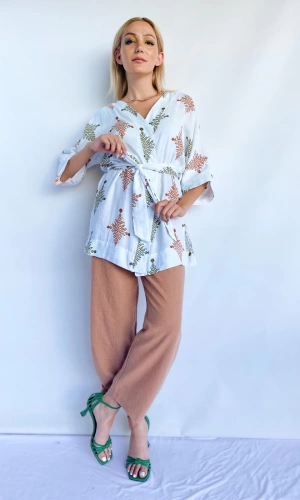Kadın Tarçın Rengi Keten Kimono Pantolon Takım