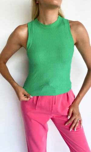 Kadın Triko Crop Bluz Yeşil