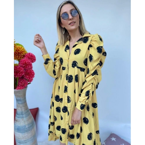 Kolları Büzgülü Belden Pileli Uzun Siyah Puantiyeli Sarı Elbise