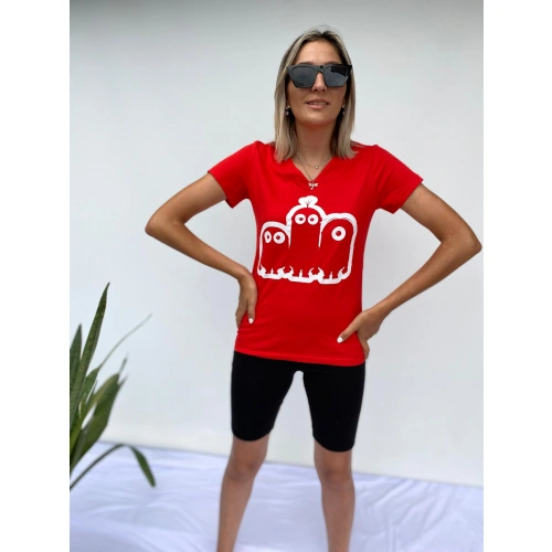 Kadın V Yaka Minyon Karakter Baskılı Kırmızı Tshirt