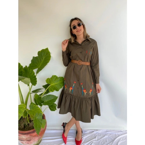 Kadın Elbise Nakışlı Uzun Kollu Haki