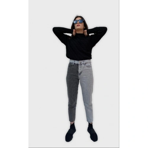 Kadın Kontrast Mom Jean Kot Pantolon Gri