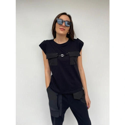 Kadın Bisiklet Yaka Apoletli Siyah Tshirt