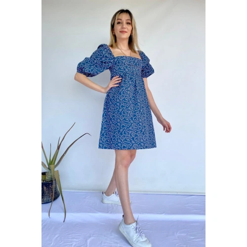 Kadın Çiçek Desenli Kare Yaka Elbise Lacivert