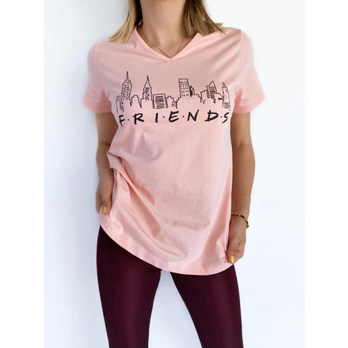 Kadın V Yaka Friends Baskılı Pembe Tshirt